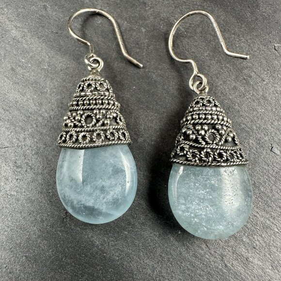 Aquamarine Gemstone Sterling Silver 925 Ornate Dangle Drop Jewelry Earrings
